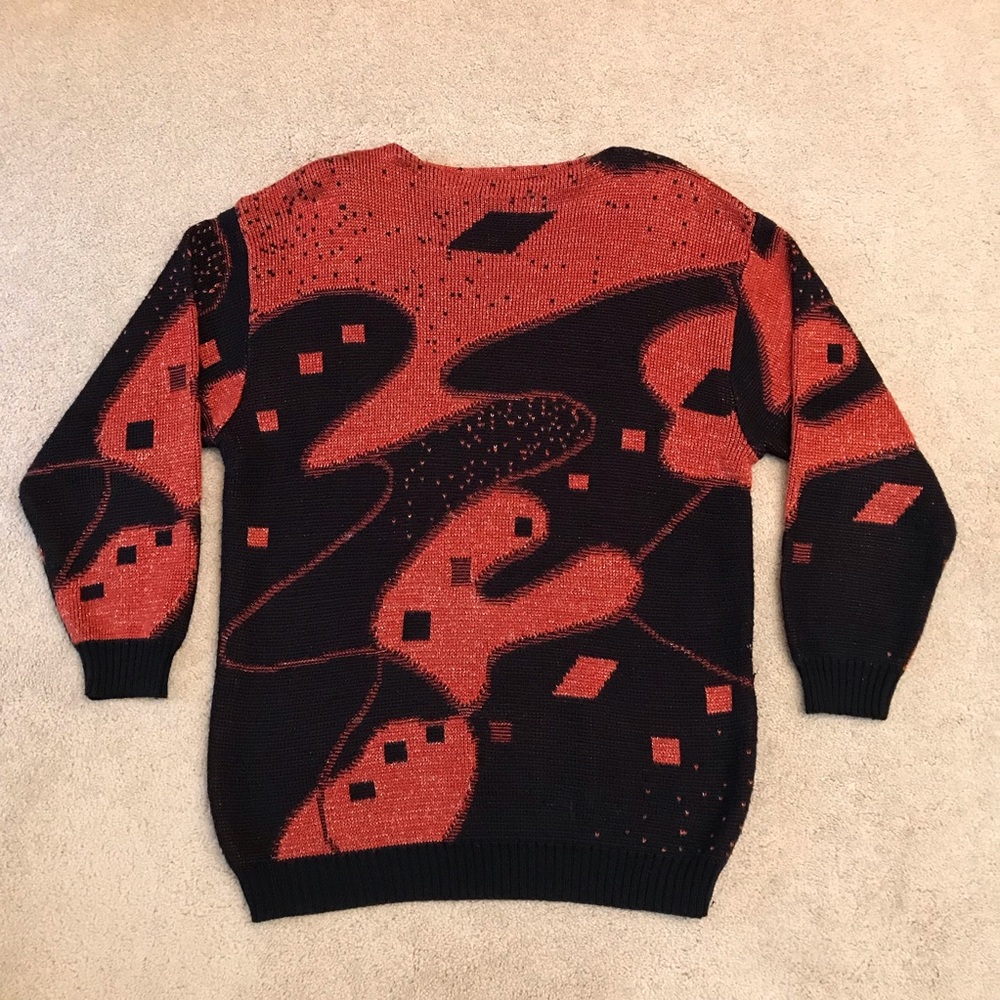 Vintage 80s Pop Art Oversized Tunic Sweater Womens Medium Orange Black Glam